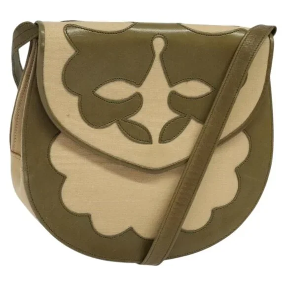 SAINT LAURENT Shoulder Bag Canvas Leather Khaki Auth